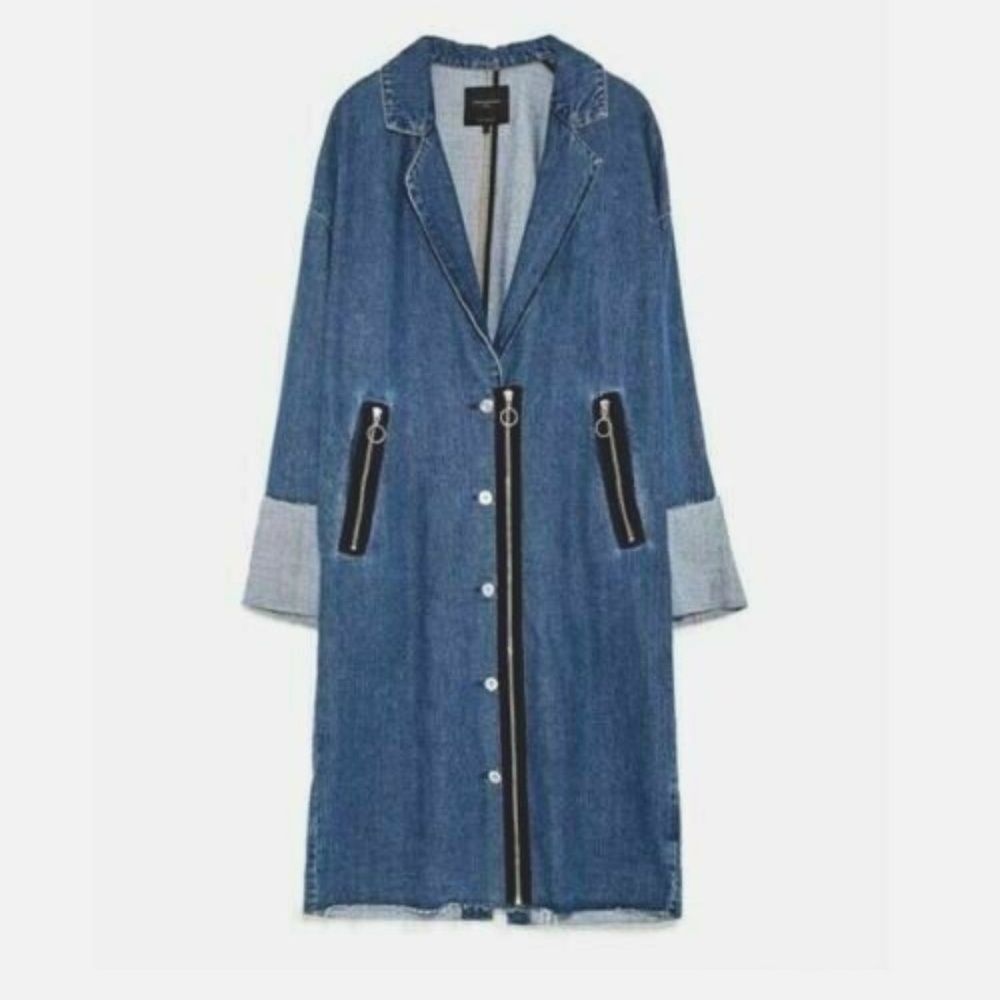 🔥Zara Blue Denim Coat with Black Accents Sz Small